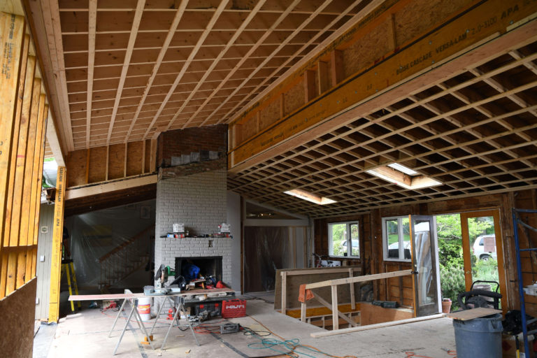 Exposed ceiling beams of remodeling project